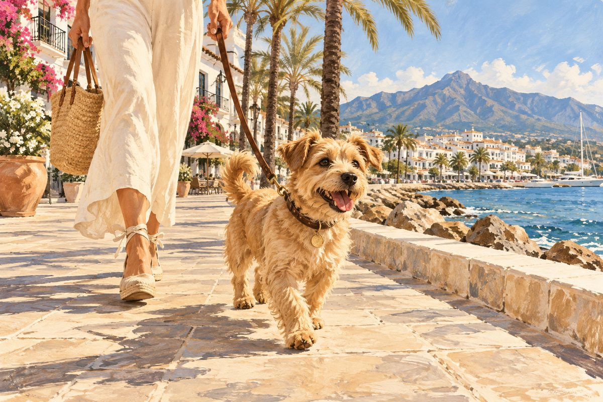 Ein Hund an der Leine auf der Strandpromenade